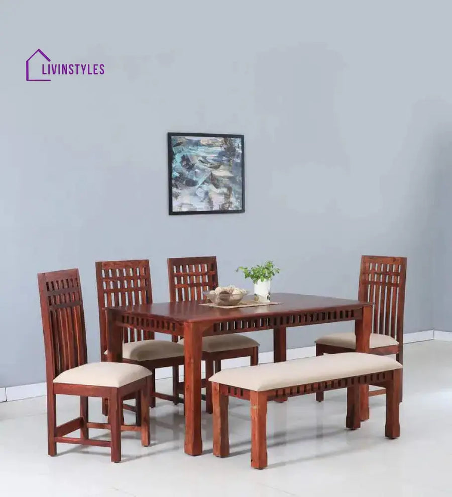 Adam Sheesham Wood 6 Seater Dining Set In Honey Finish With Bench Dining Set