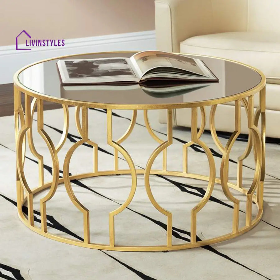 Aditya Metal Golden Coffee Table For Living Room - Glass Top