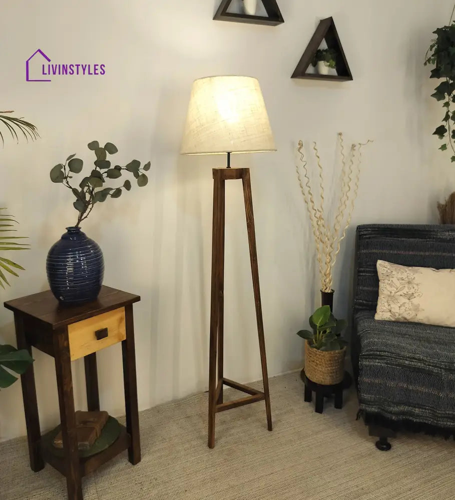 Adrienne Wooden Floor Lamp With Brown Base And Premium Beige Fabric Lampshade Lamps