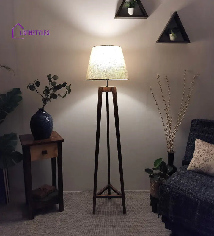 Adrienne Wooden Floor Lamp With Brown Base And Premium Beige Fabric Lampshade Lamps