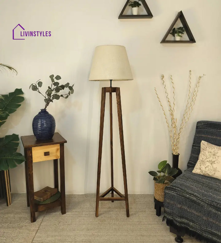 Adrienne Wooden Floor Lamp With Brown Base And Premium Beige Fabric Lampshade Lamps