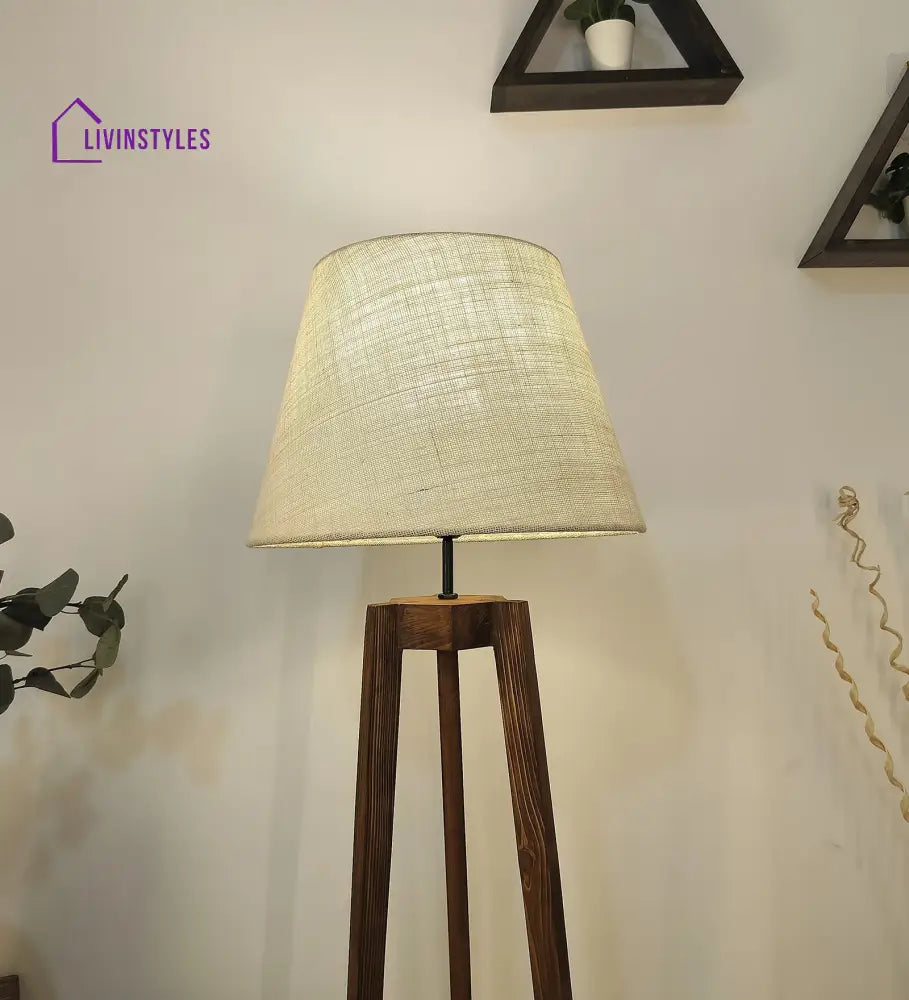 Adrienne Wooden Floor Lamp With Brown Base And Premium Beige Fabric Lampshade Lamps