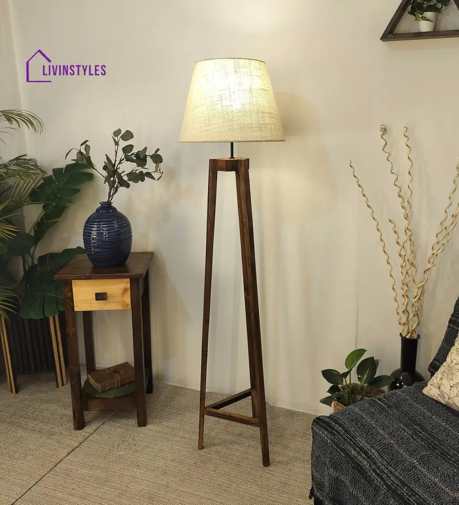 Adrienne Wooden Floor Lamp With Brown Base And Premium Beige Fabric Lampshade Lamps