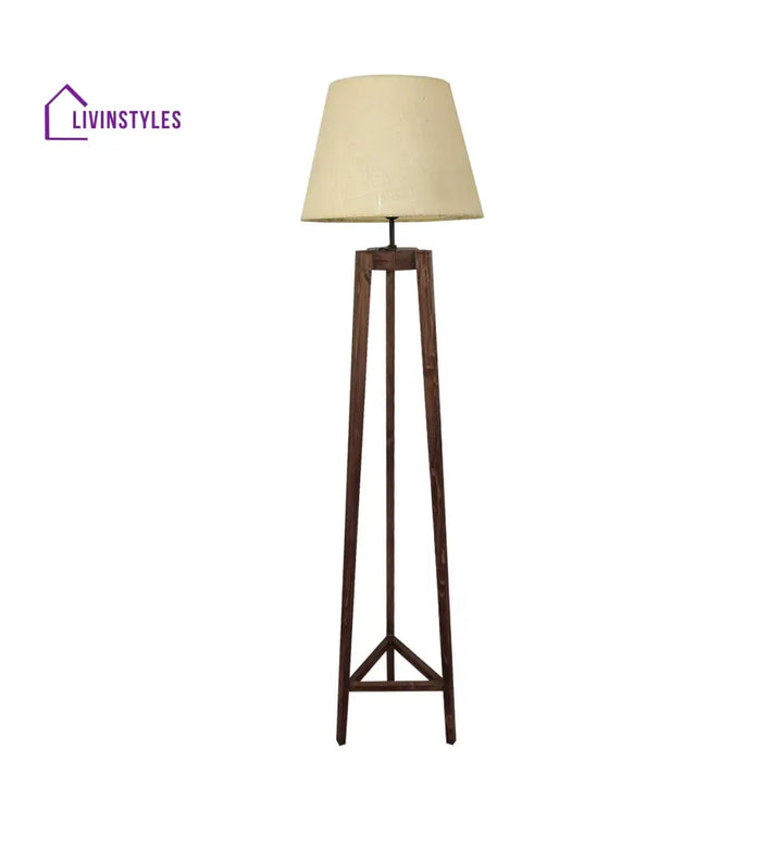 Adrienne Wooden Floor Lamp With Brown Base And Premium Beige Fabric Lampshade Lamps