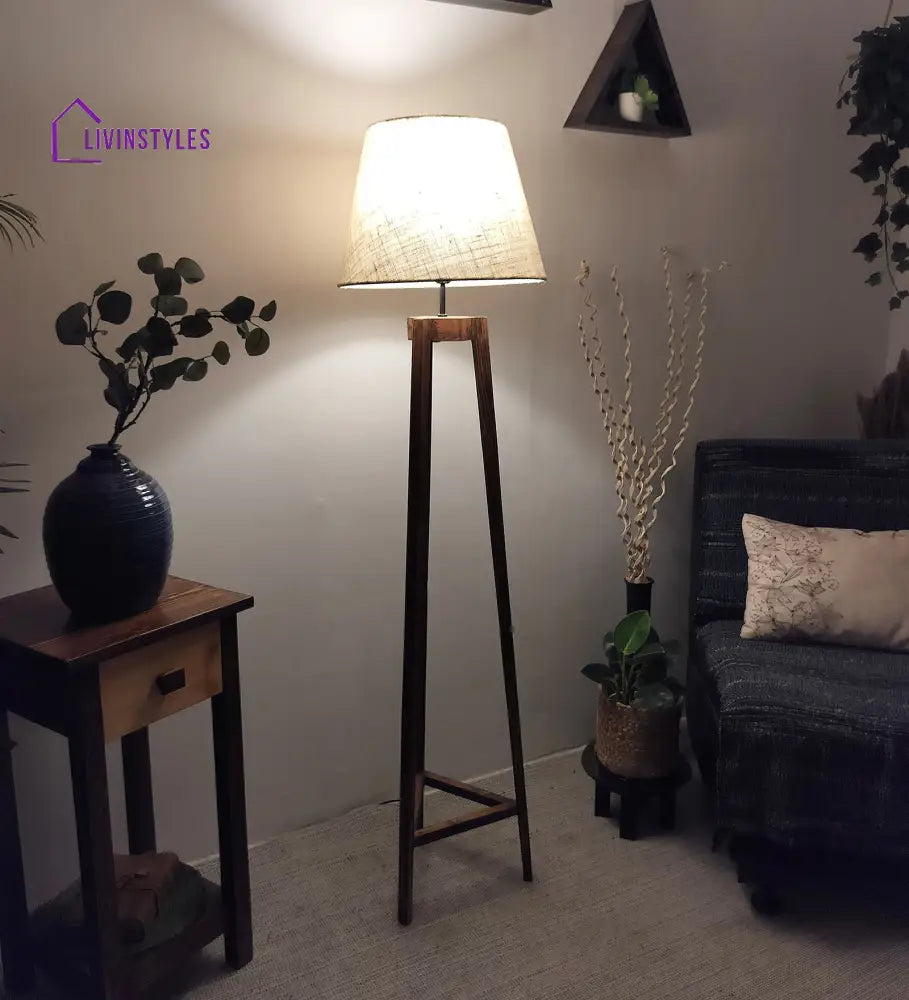 Adrienne Wooden Floor Lamp With Brown Base And Premium Beige Fabric Lampshade Lamps