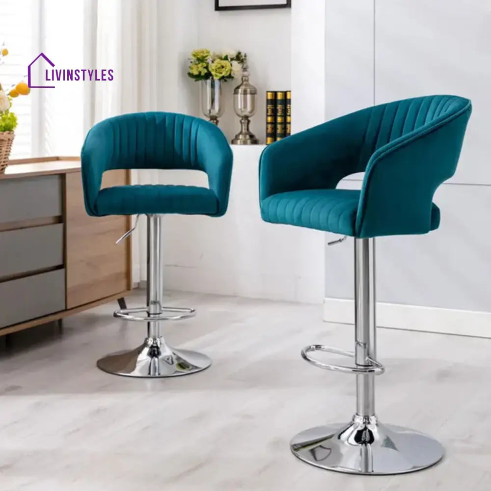 Advait Emerald Blue Plush Feel Velvet Adjustable Bar Stool