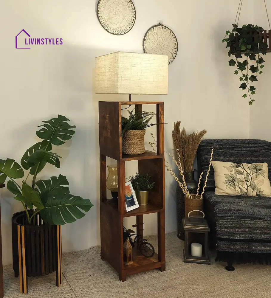 Agnes Wooden Floor Lamp With Brown Base And Jute Fabric Lampshade Lamps