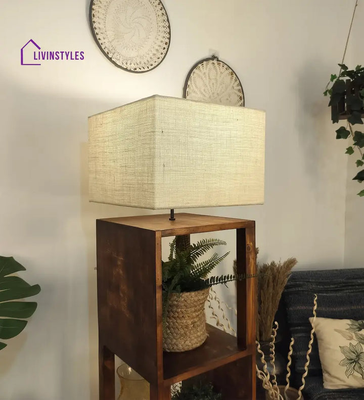 Agnes Wooden Floor Lamp With Brown Base And Jute Fabric Lampshade Lamps