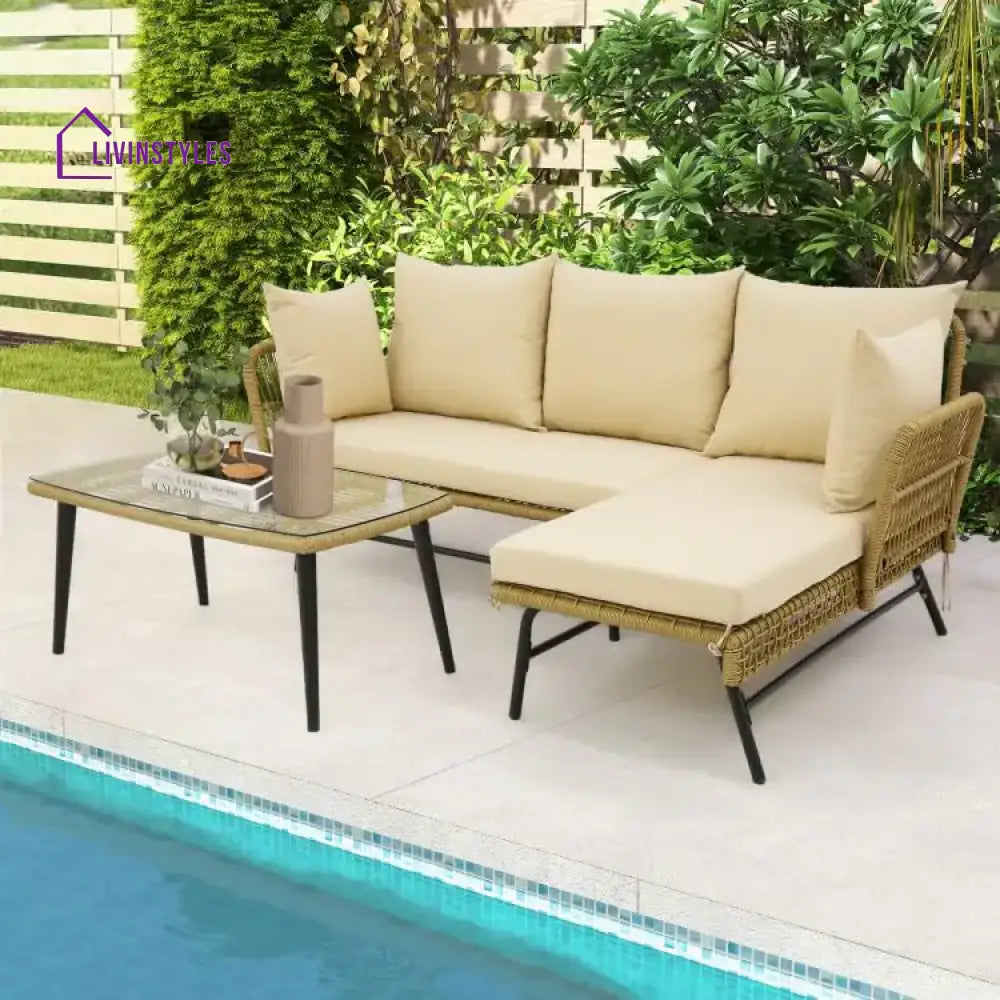 Akash Patio Furniture Set L-Shaped Rope Woven Outdoor Sectional (Beige And Cream)