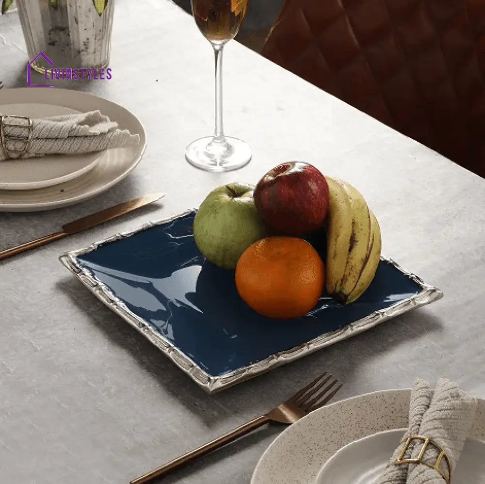 Alf Vine Square Tray Platter In Blue Enamle Silver Finish