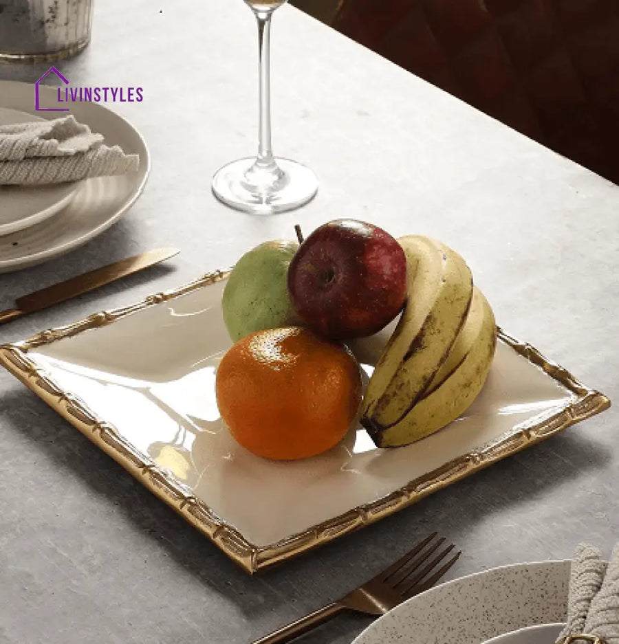 Alf Vine Square Tray Platter In Ivory Enamle Gold Finish