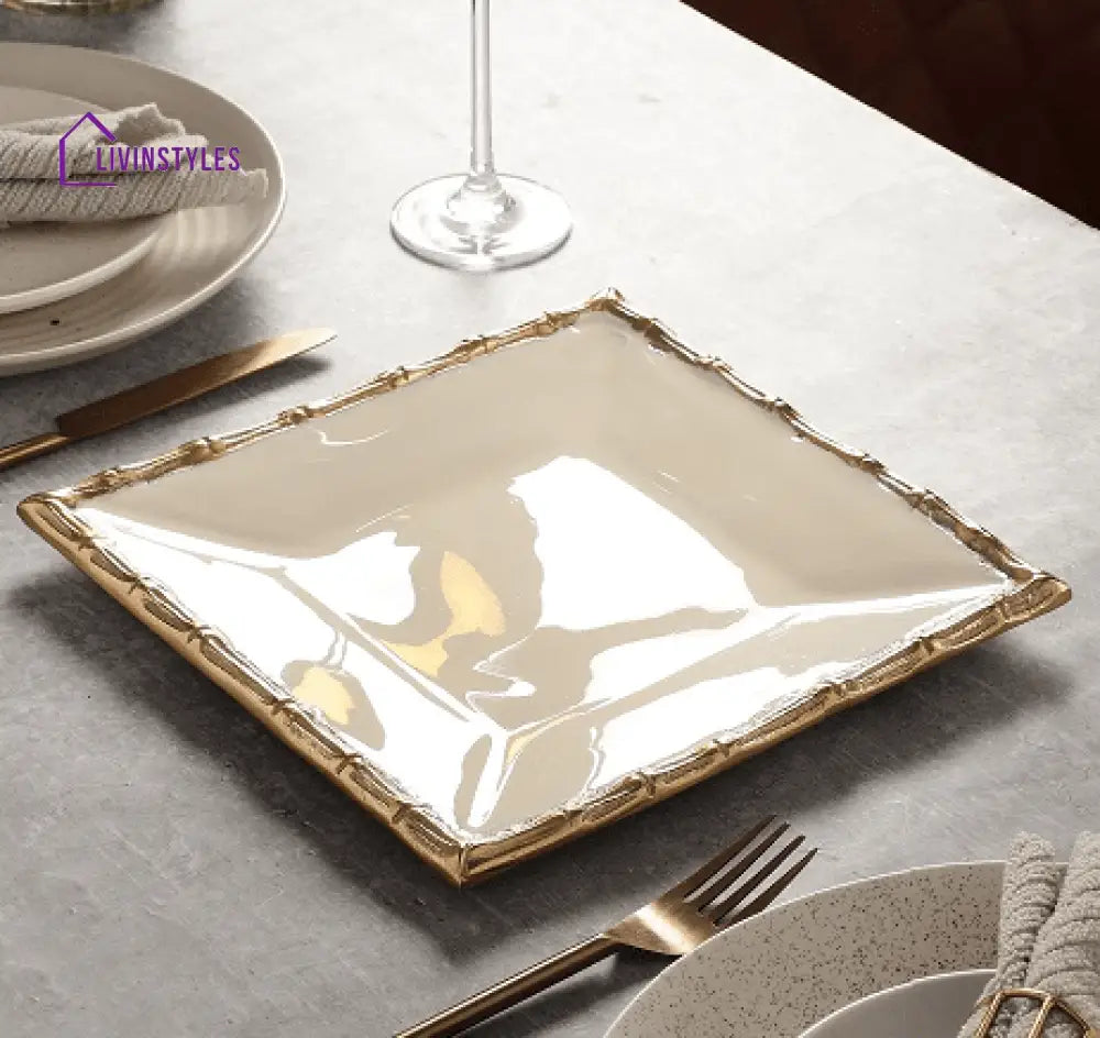 Alf Vine Square Tray Platter In Ivory Enamle Gold Finish