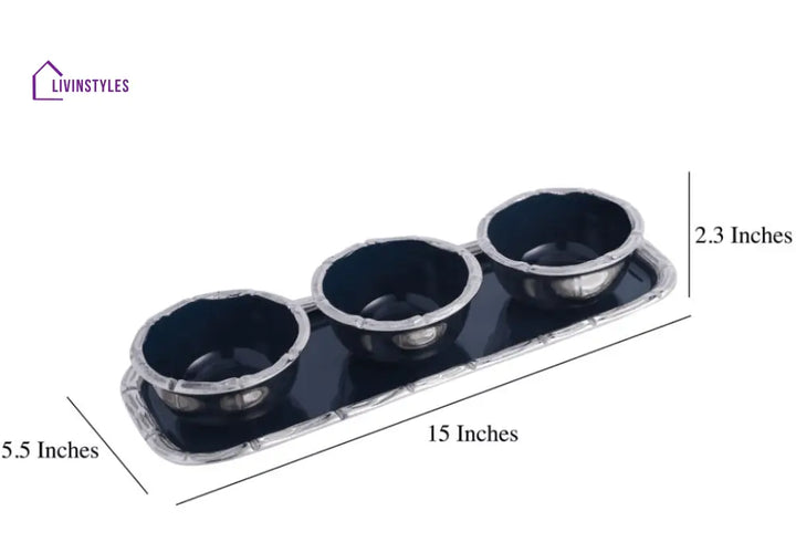 Alf Vine Tray Bowl Set In Blue Enamle Silver Finish