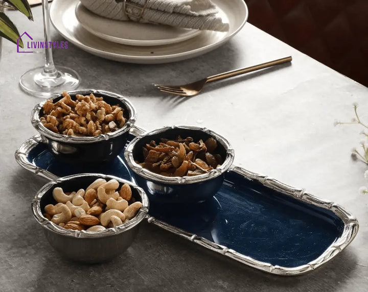 Alf Vine Tray Bowl Set In Blue Enamle Silver Finish