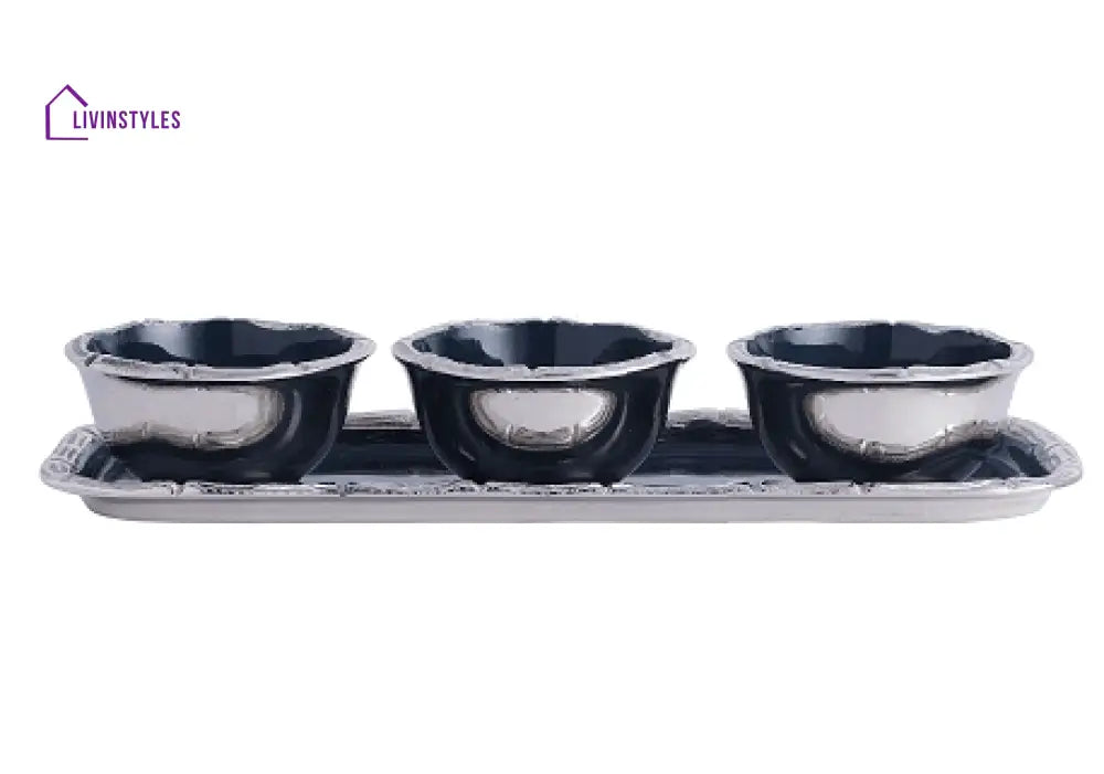 Alf Vine Tray Bowl Set In Blue Enamle Silver Finish