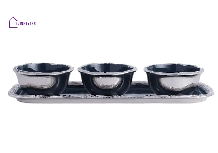 Alf Vine Tray Bowl Set In Blue Enamle Silver Finish