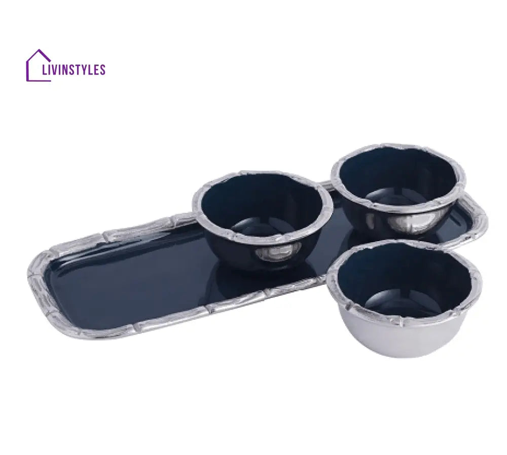 Alf Vine Tray Bowl Set In Blue Enamle Silver Finish