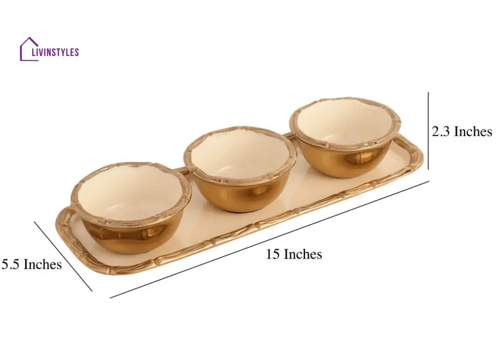 Alf Vine Tray Bowl Set In Ivory Enamle Gold Finish