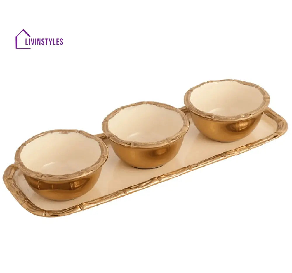 Alf Vine Tray Bowl Set In Ivory Enamle Gold Finish