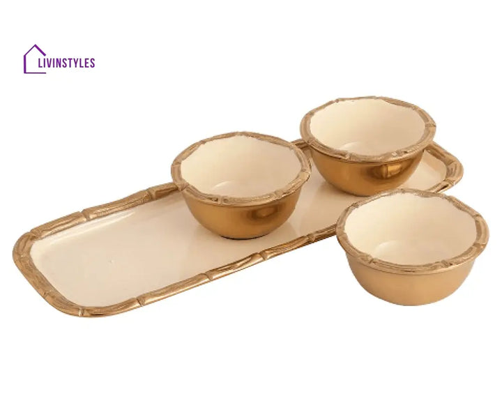 Alf Vine Tray Bowl Set In Ivory Enamle Gold Finish