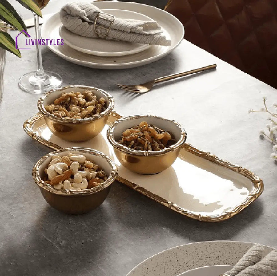 Alf Vine Tray Bowl Set In Ivory Enamle Gold Finish