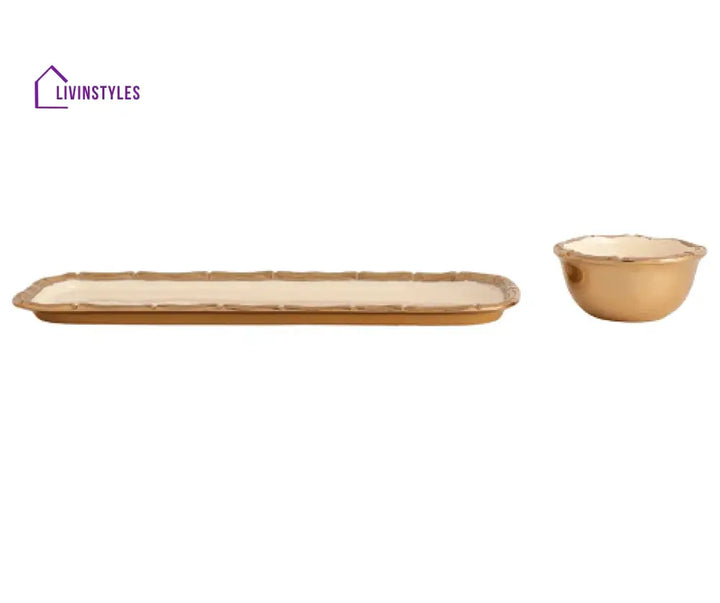 Alf Vine Tray Bowl Set In Ivory Enamle Gold Finish