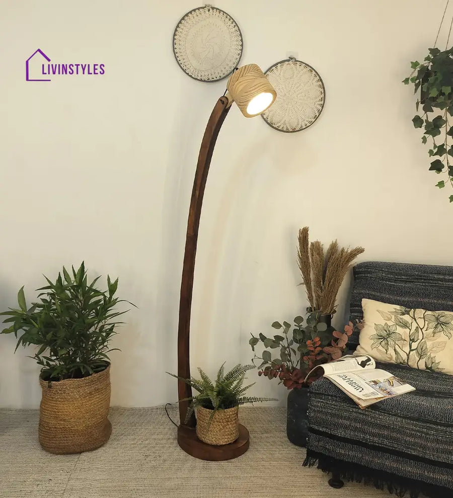 Alice Wooden Floor Lamp With Brown Base And Beige Lampshade Lamps