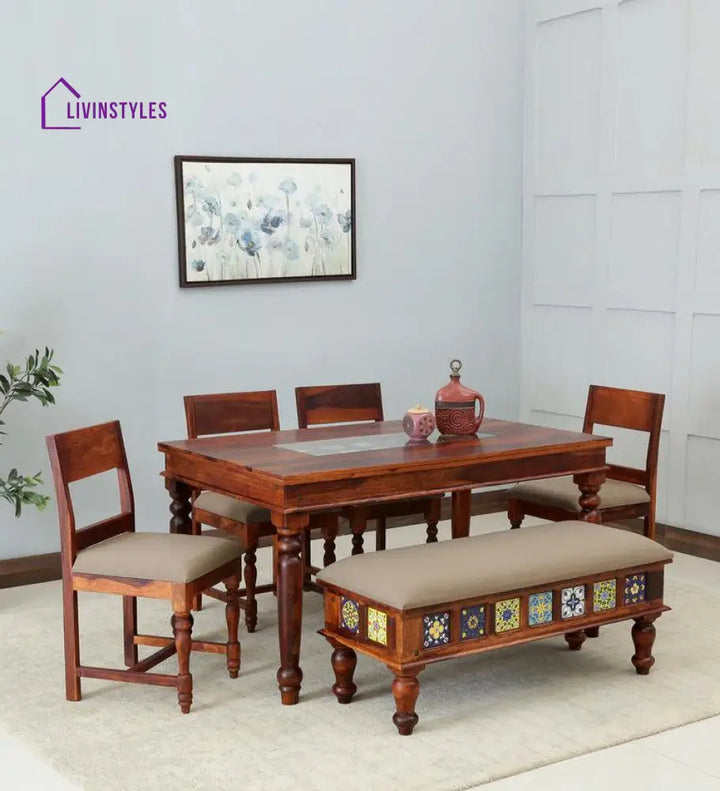 Alim Sheesham Wood 6 Seater Dining Set In Honey Finish With Cushioned Bench Dining Set