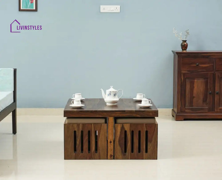 Alina Sheesham Wood Coffee Table Set With Four Stools