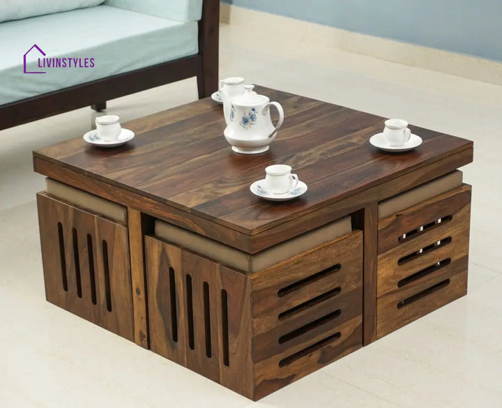 Alina Sheesham Wood Coffee Table Set With Four Stools