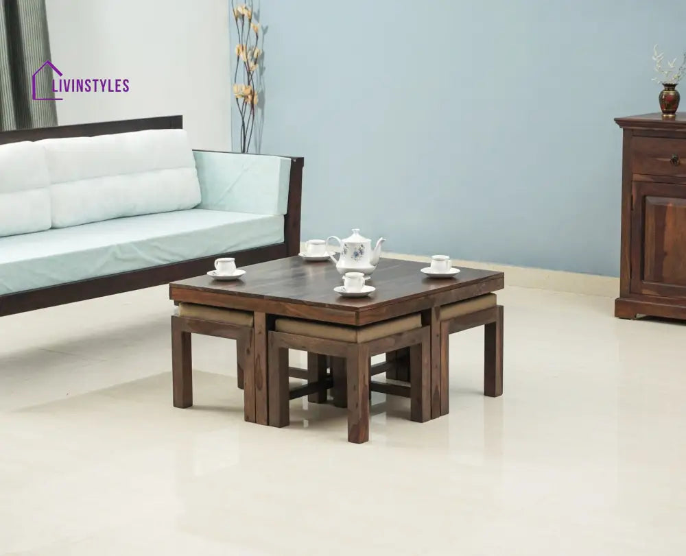 Alina Sheesham Wood Coffee Table Set With Four Stools