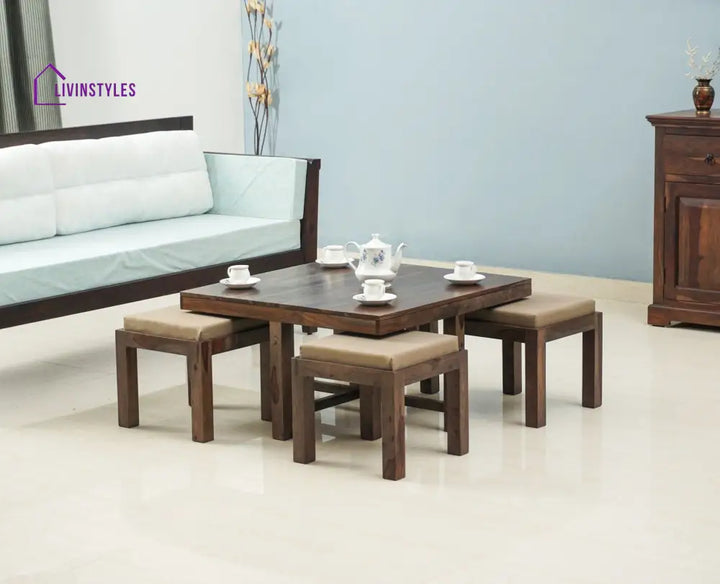 Alina Sheesham Wood Coffee Table Set With Four Stools