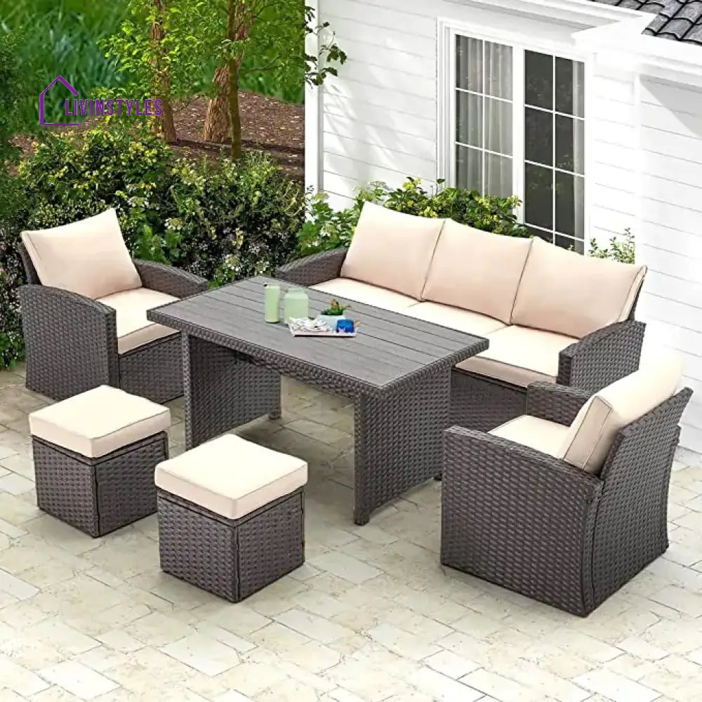 Alka Outdoor Patio Sectional Sofa Set With Ottomans And Center Table (Dark Brown/Cream)