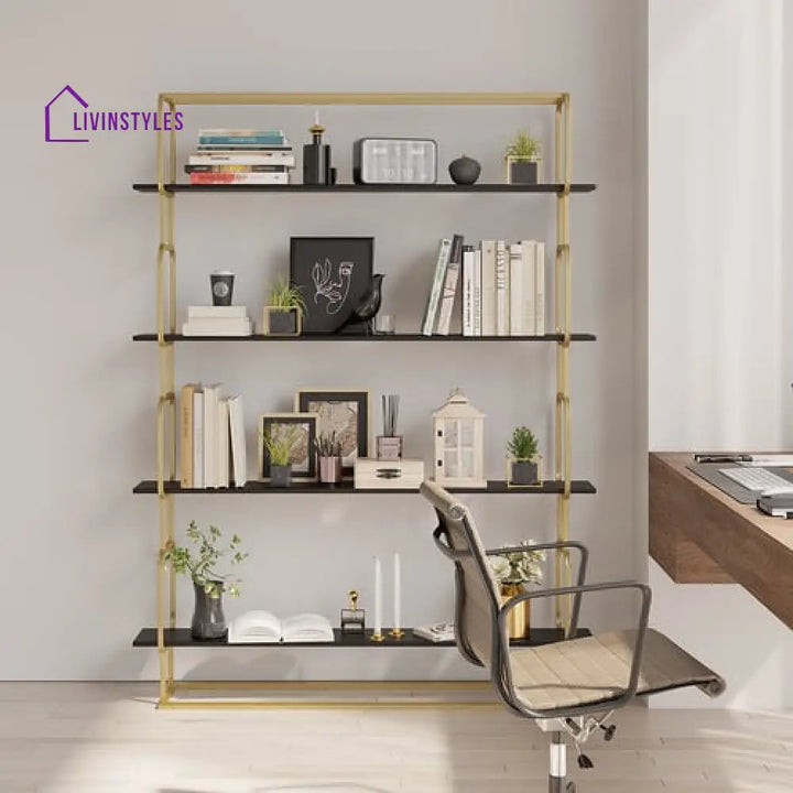 Alok Metal Bookcase In Gold With Black Marble