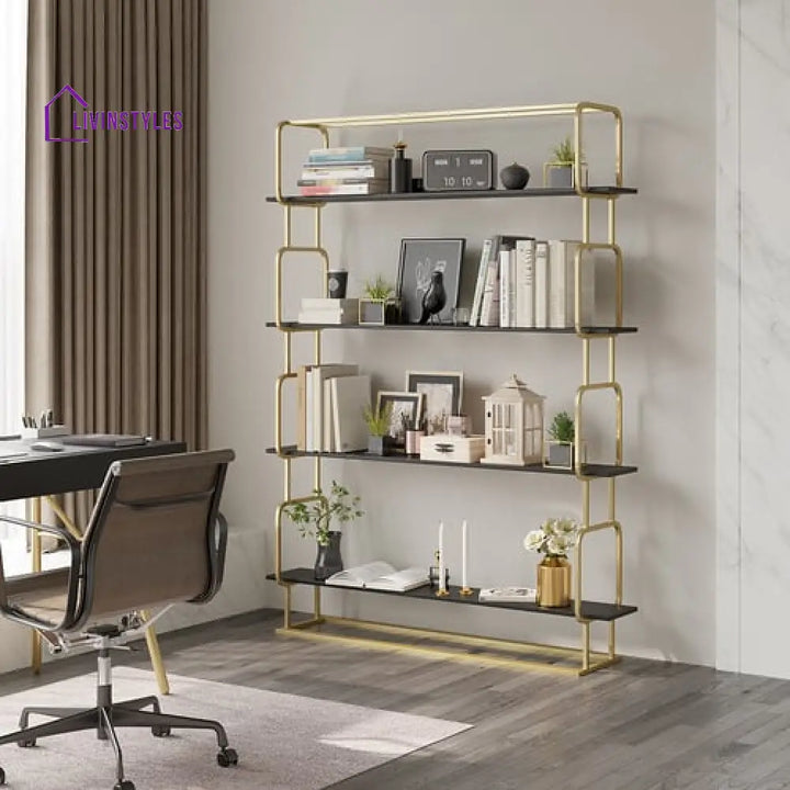 Alok Metal Bookcase In Gold With Black Marble