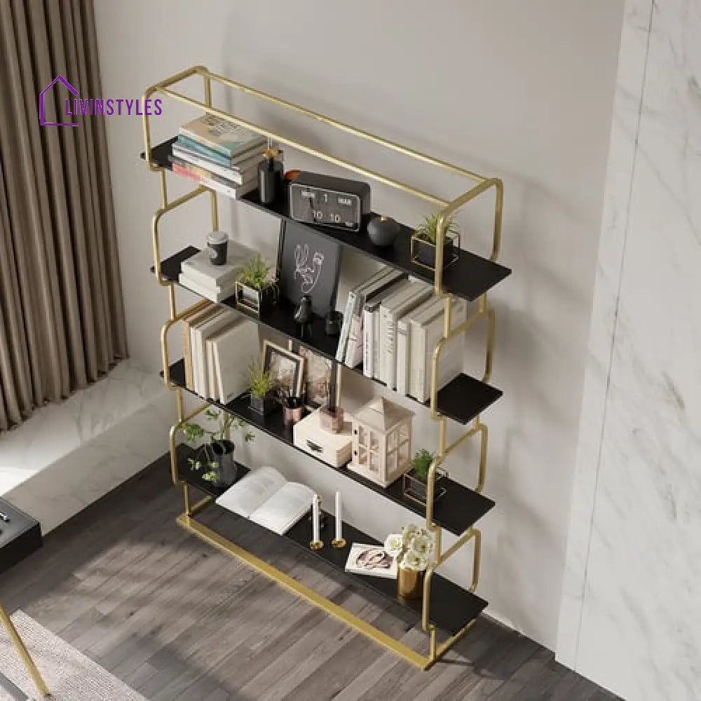 Alok Metal Bookcase In Gold With Black Marble