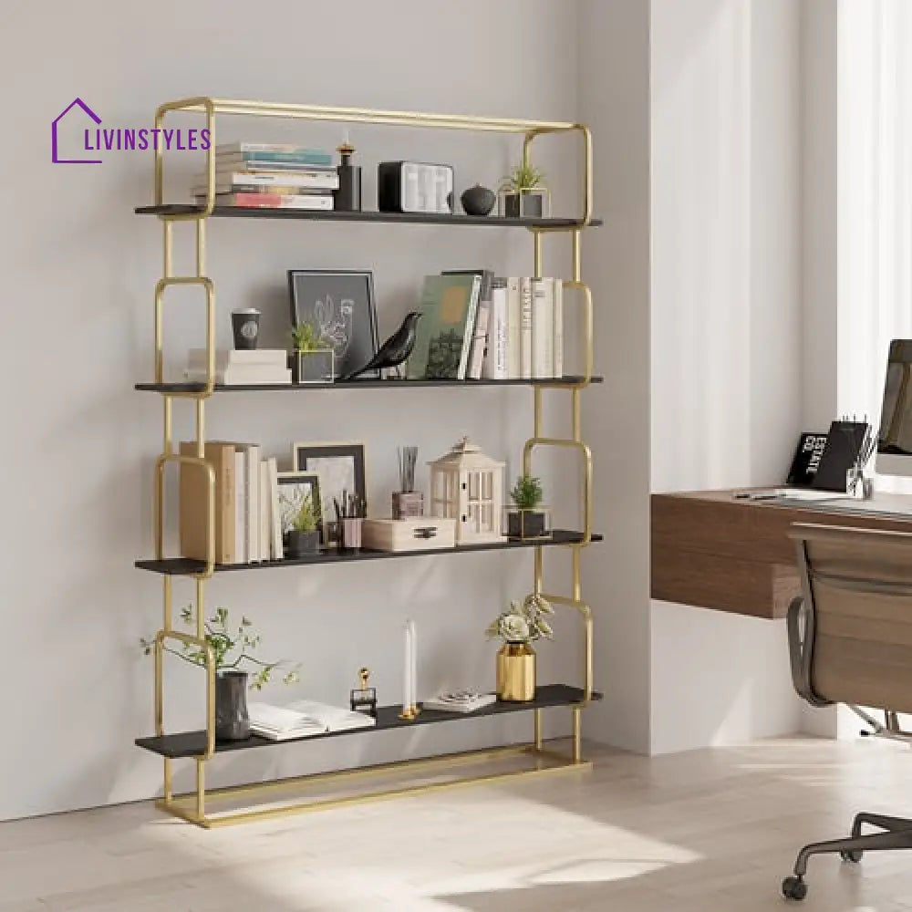 Alok Metal Bookcase In Gold With Black Marble