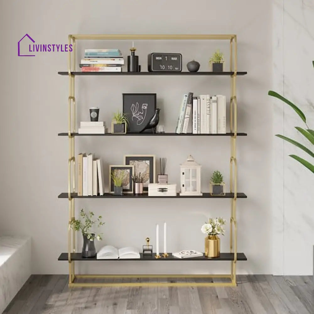 Alok Metal Bookcase In Gold With Black Marble