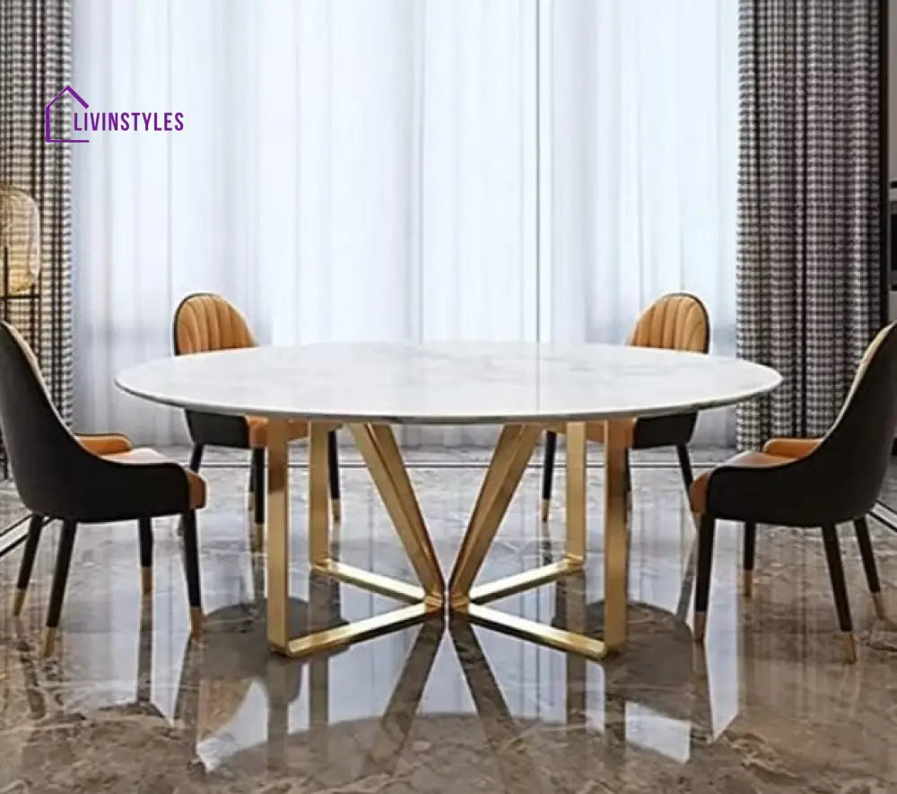 Amart Modern Round 6 Seater Dining Table With Marble Top Stainless Steel Frame