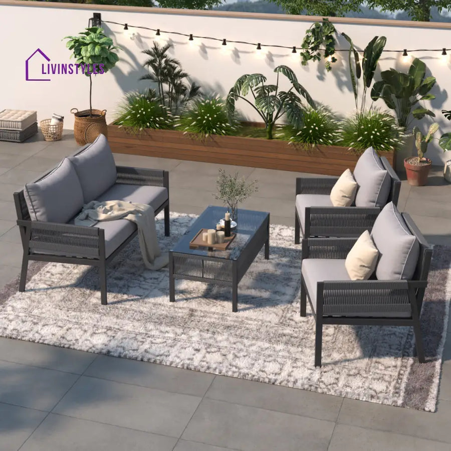 Amaya 4 Seater Aluminium And Rope Outdoor Sofa Set With Tempered Glass Table Grey