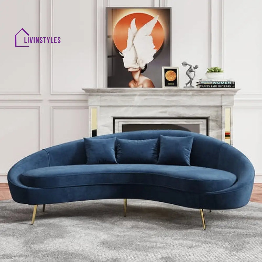 Amaya Blue Velvet Curved Sofa 3 Seater