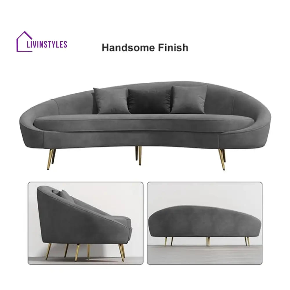 Amaya Gray Velvet Curved Sofa 3 Seater