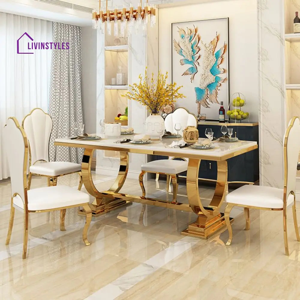 Amazing Luxury Modern Rectangle White Marble Dining Table With Gold Ring Base