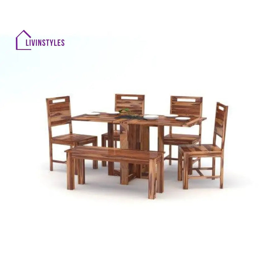 Angel’s Solid Sheesham Wood Six Seater Dining Set With Folding Table And Bench (Six Honey Finish)