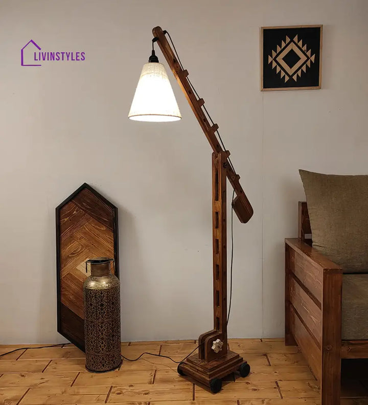 Angler Wooden Floor Lamp With Brown Base And Jute Fabric Lampshade Lamps