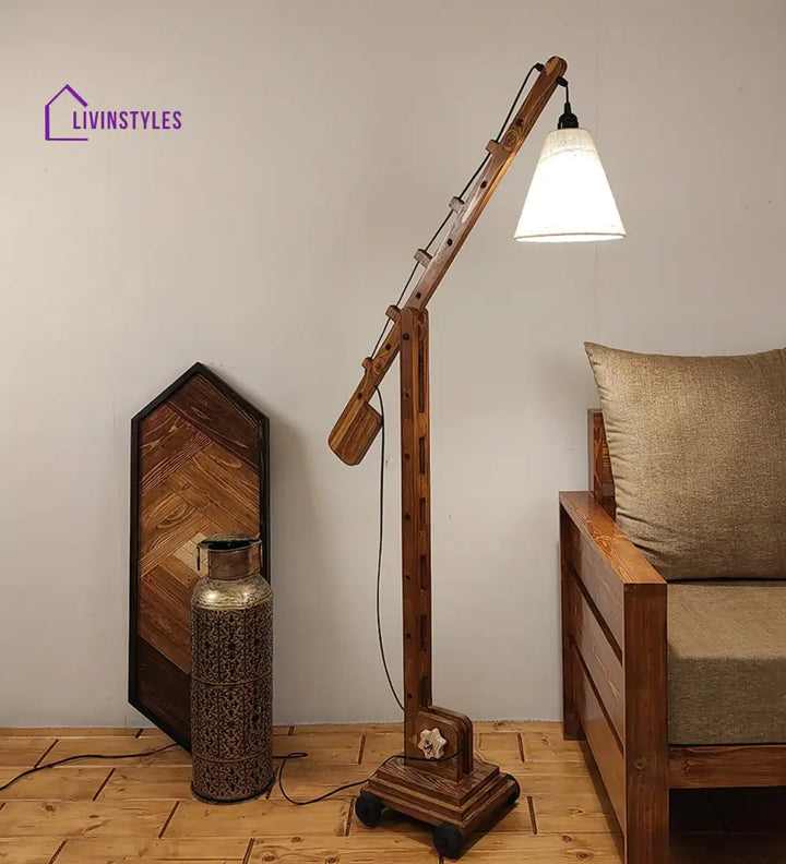 Angler Wooden Floor Lamp With Brown Base And Jute Fabric Lampshade Lamps