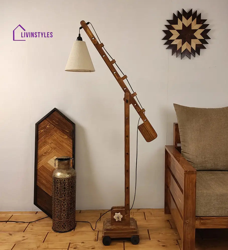 Angler Wooden Floor Lamp With Brown Base And Jute Fabric Lampshade Lamps