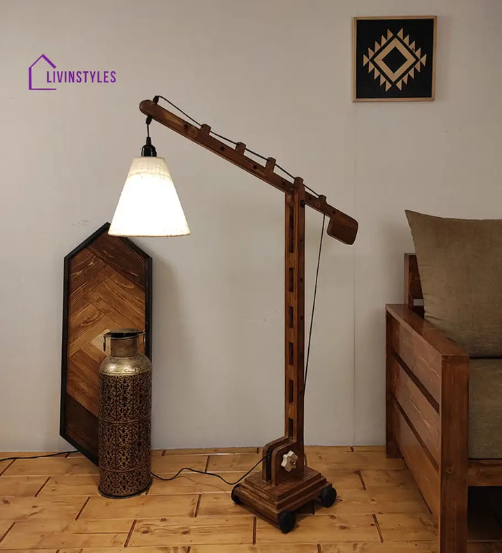 Angler Wooden Floor Lamp With Brown Base And Jute Fabric Lampshade Lamps