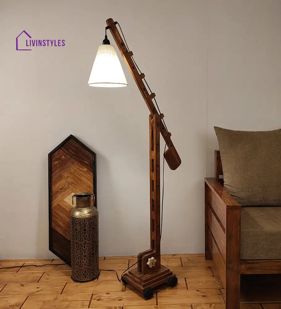 Angler Wooden Floor Lamp With Brown Base And Jute Fabric Lampshade Lamps