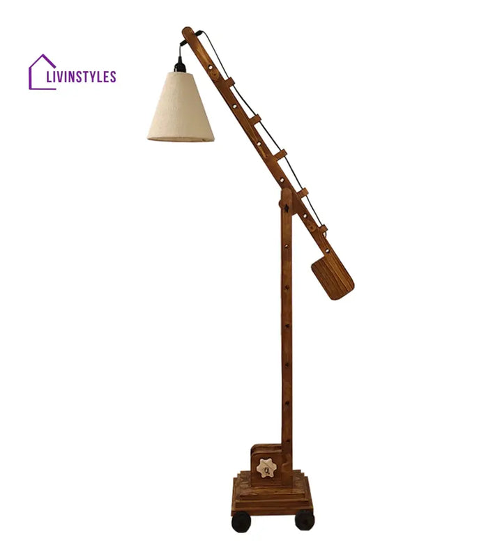 Angler Wooden Floor Lamp With Brown Base And Jute Fabric Lampshade Lamps